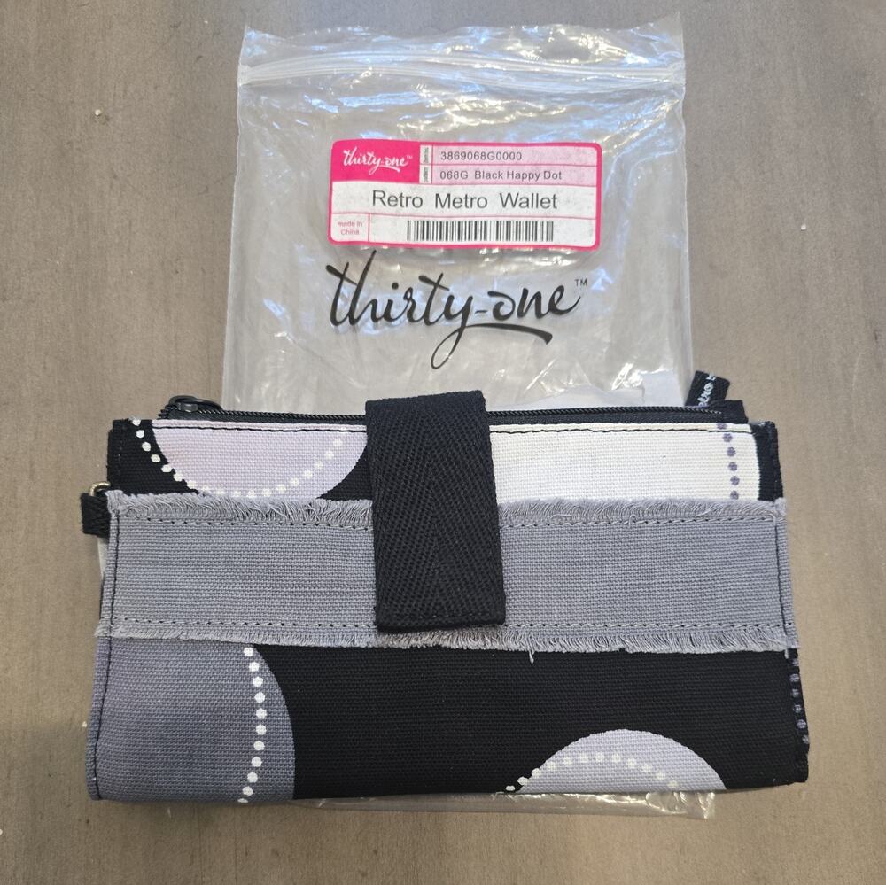 Thirty One Retro Metro Fold Up Wallet Black Happy Dot Card Holder New